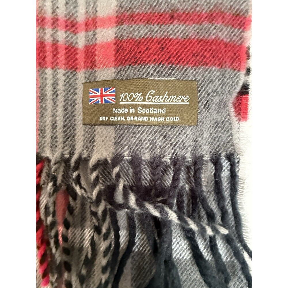 100% Cashmere Plaid Scarf Made in Scotland Red Gray Black 60” x 15”